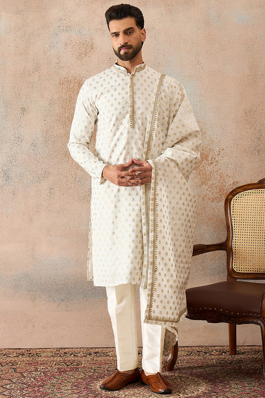 Ethnic Bay Men White Jacquard Woven Design Floral Straight Kurta with Dupatta MKUD1049