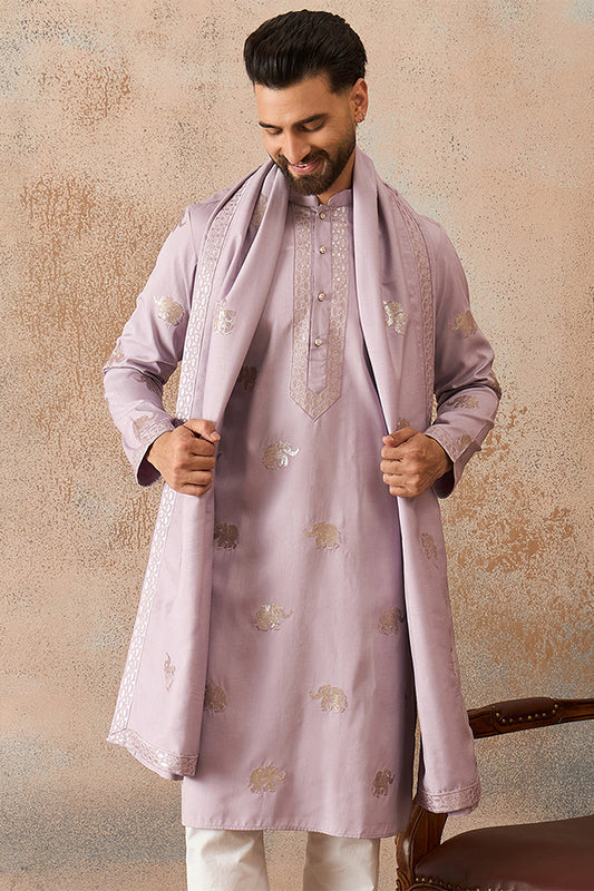 Ethnic Bay Mens Lavender Silk Blend Solid Embroidered Kurta and Trouser With Dupatta MKPD1050