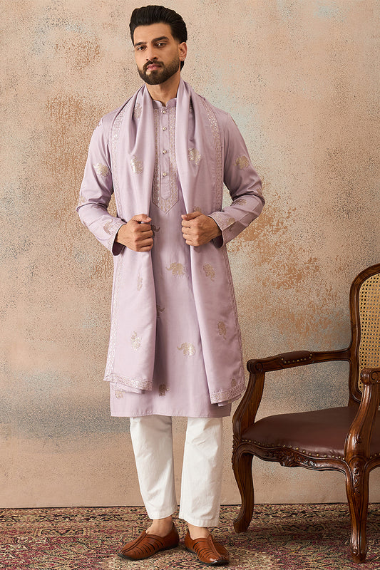 Ethnic Bay Mens Lavender Silk Blend Solid Embroidered Kurta With Dupatta MKUD1050