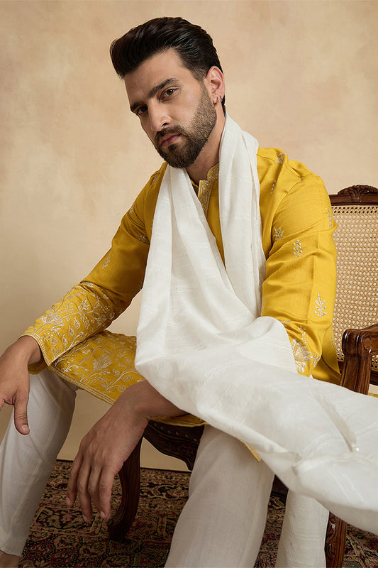 Ethnic Bay Men Yellow Chanderi Silk Solid Embroidered Straight Kurta Trouser with Dupatta MKPD1314