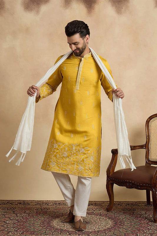 Ethnic Bay Men Yellow Chanderi Silk Solid Embroidered Straight Kurta Trouser with Dupatta MKPD1314