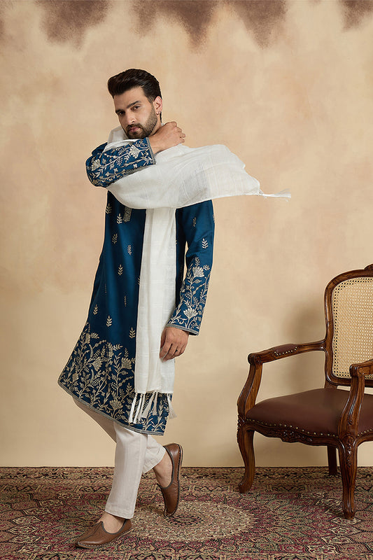 Ethnic Bay Men Blue Chanderi Silk Solid Embroidered Straight Kurta Trouser with Dupatta MKPD1315