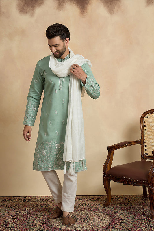 Ethnic Bay Men Green Silk Blend Solid Embroidered Straight Kurta Sets MKPD1783