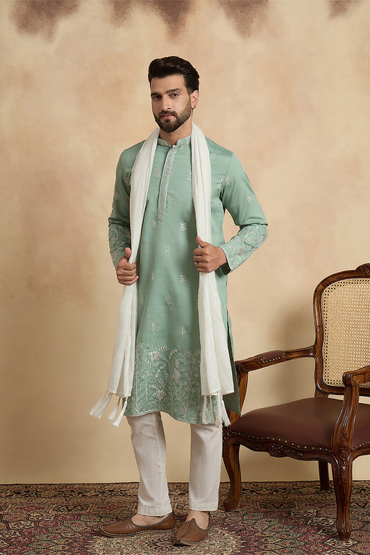Ethnic Bay Men Green Silk Blend Solid Embroidered Straight Kurta Sets MKUD1783