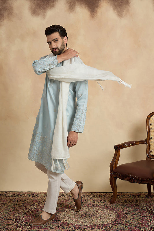 Ethnic Bay Men Blue Silk Blend Solid Embroidered Straight Kurta Sets MKUD1785