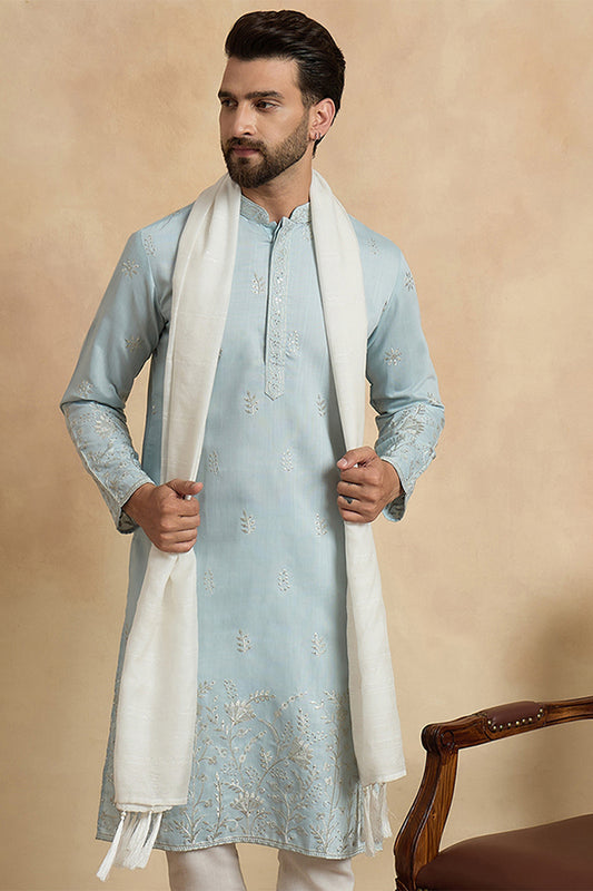 Ethnic Bay Men Blue Silk Blend Solid Embroidered Straight Kurta Sets MKPD1785