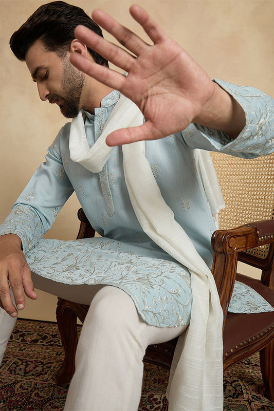 Ethnic Bay Men Blue Silk Blend Solid Embroidered Straight Kurta Sets MKUD1785